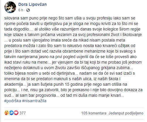 Objava Dore Lipovčan na Facebooku